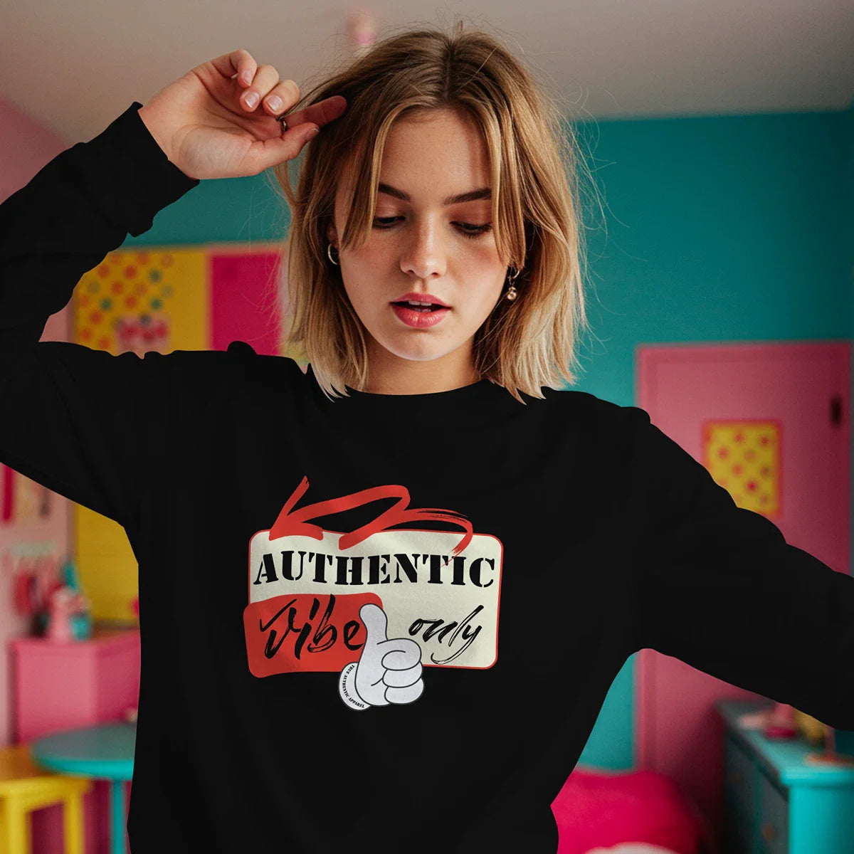 Female creative wearing an oversized True Authentic cream-colored heavyweight sweater in a minimalist urban loft.