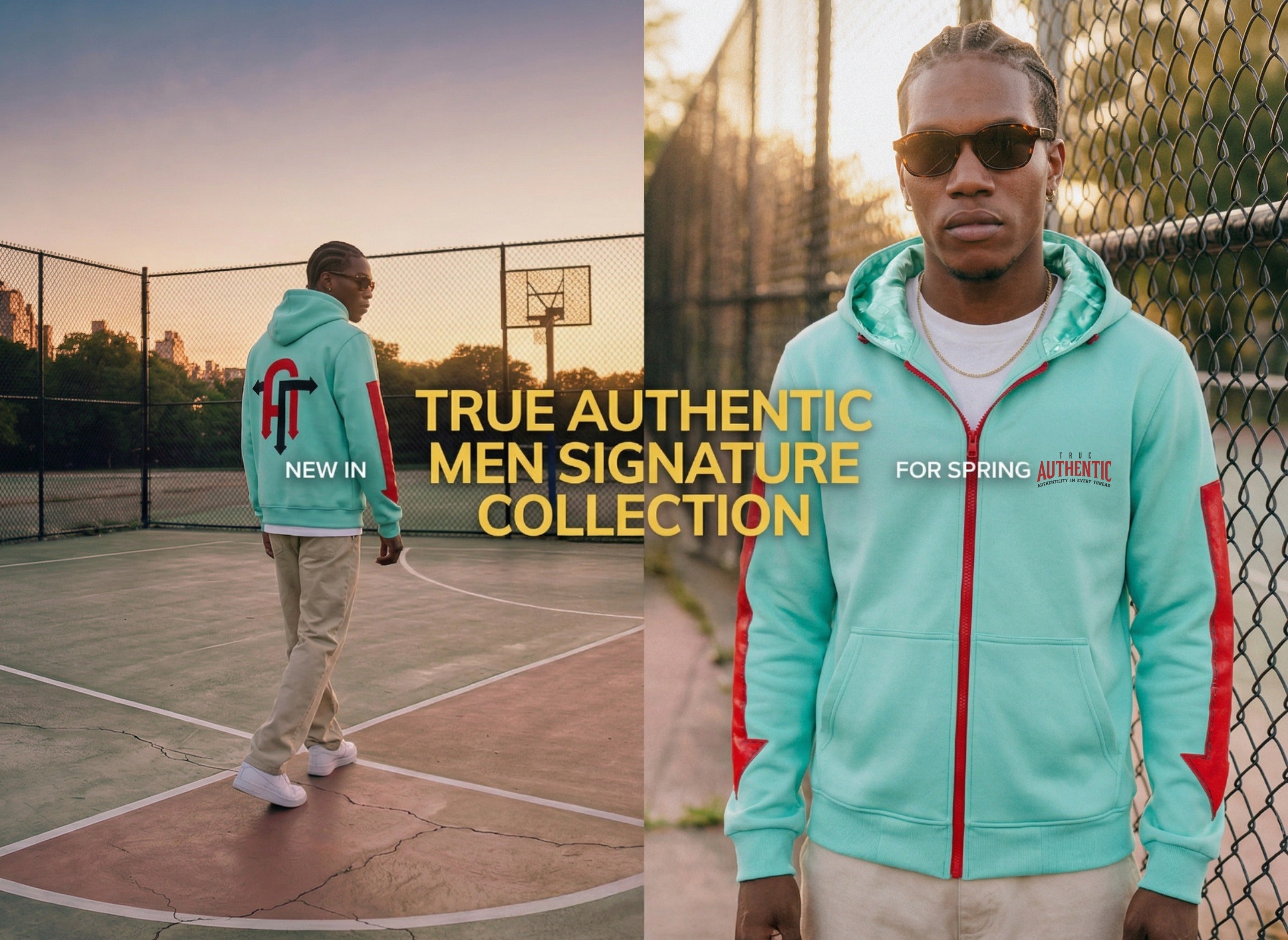 A female model wearing the complete True Authentic mint green tracksuit set, featuring a zip-up hoodie and matching technical sweatpants with red zipper accents.