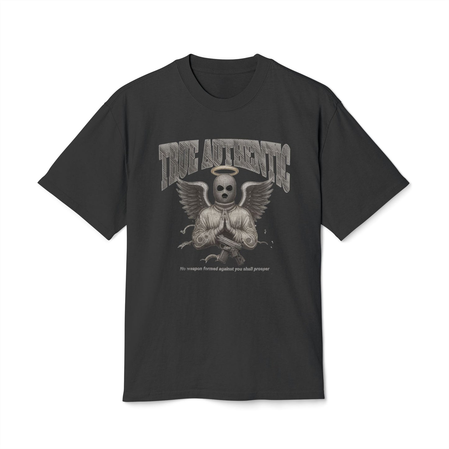 True Authentic Masked Angel Heavyweight Tee – Unisex Oversized Faded T-Shirt – Streetwear Relaxed Fit