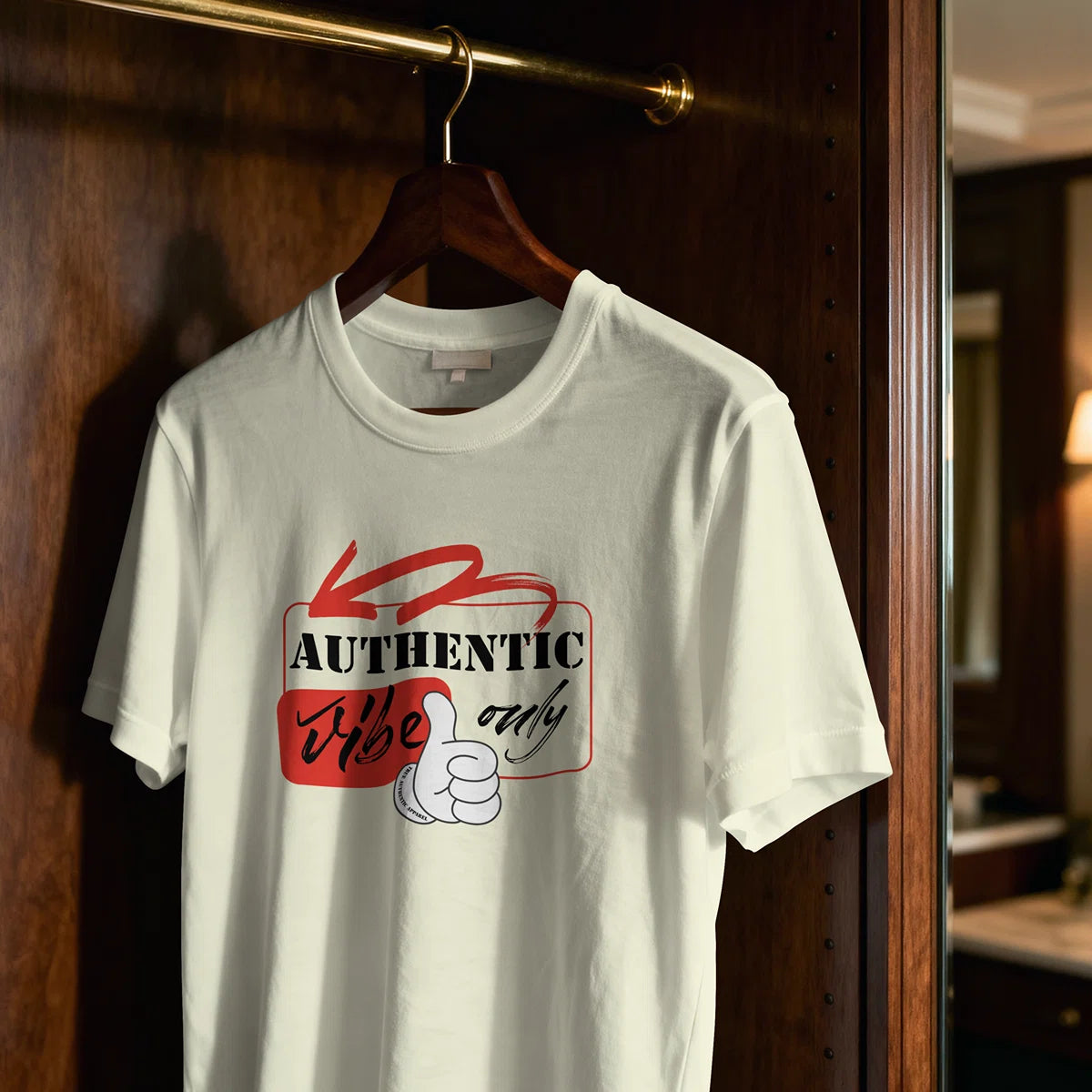 White t-shirt with red and black graphic design hanging on a wooden hanger against a wooden door.