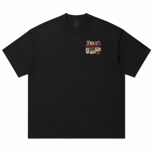 Black Proof of Identity T-shirt front with small True Authentic chest graphic