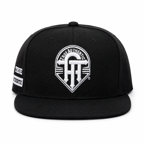 True Authentic black snapback hat front with white embroidered emblem