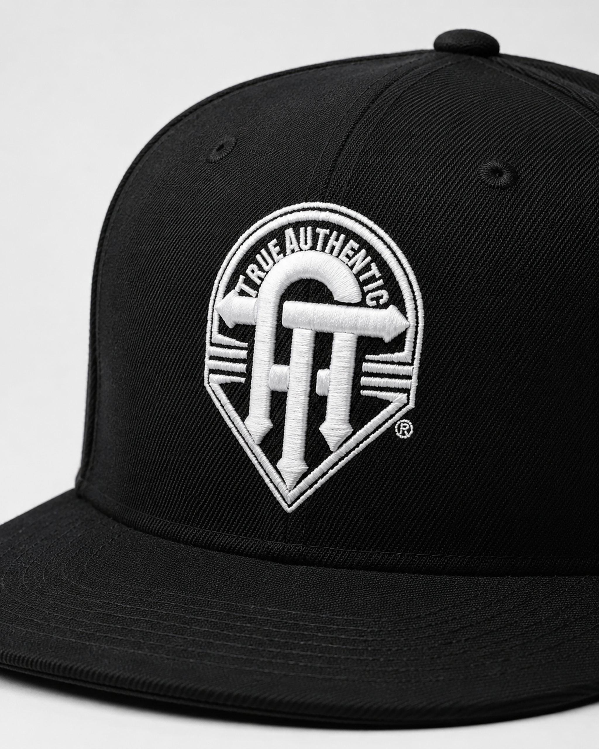 True Authentic Signature Snapback Hat – Black/White Embroidered Logo