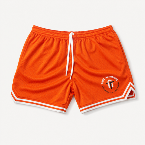 Bright orange athletic shorts with a white drawstring, white double stripes along the hem, and a circular white logo on the lower left leg, shown on a light gray background.