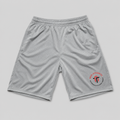 Light gray athletic mesh shorts with an elastic waistband and a circular red and black logo on the lower left leg, displayed flat against a light gray background.