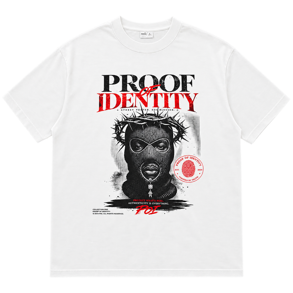 Proof of Identity Bear 300GSM T-Shirt White - Front flat lay