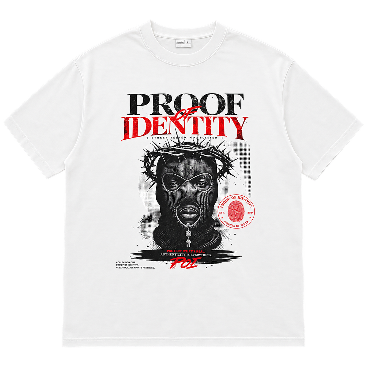 Proof of Identity Bear 300GSM T-Shirt White - Front flat lay