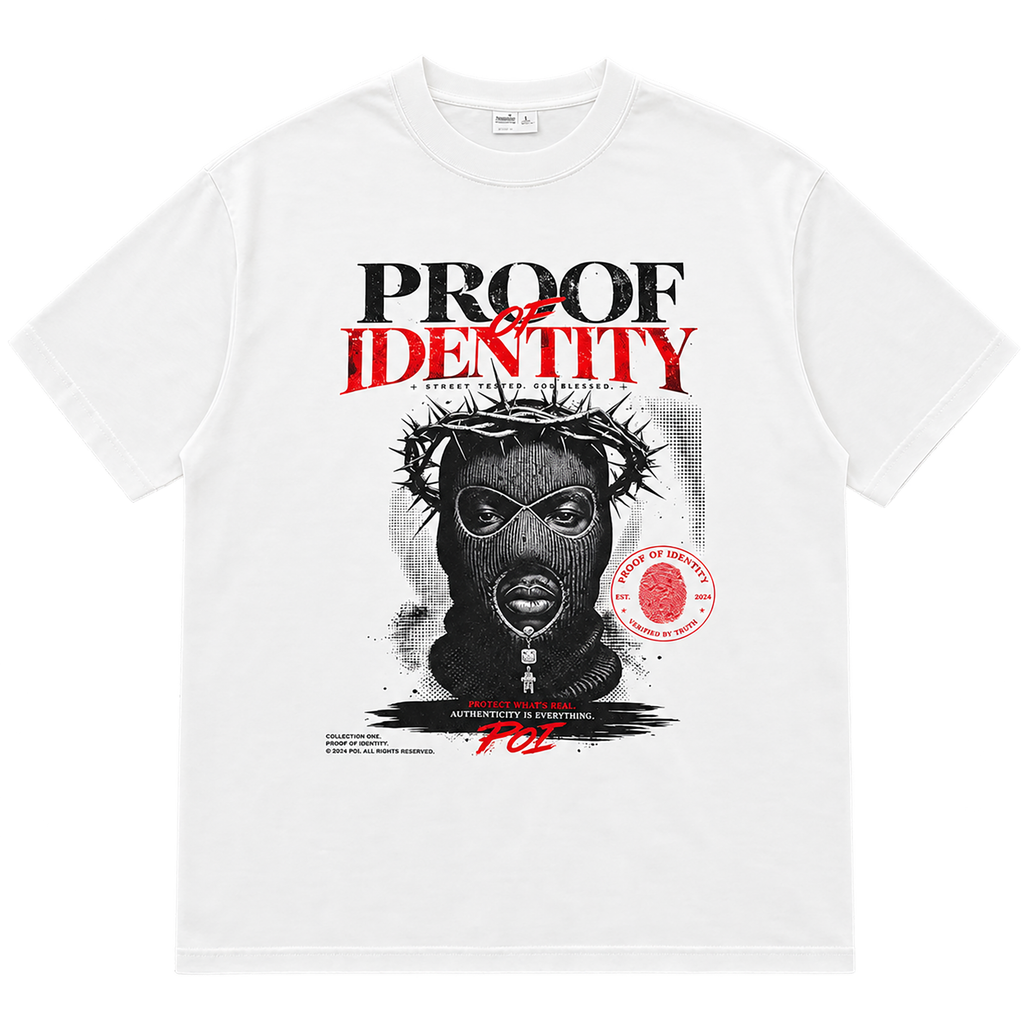Proof of Identity Bear 300GSM T-Shirt White - Front flat lay