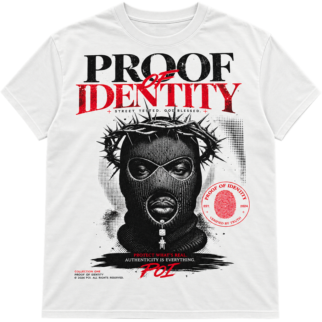 Proof of Identity Bear 300GSM T-Shirt White - Front on model