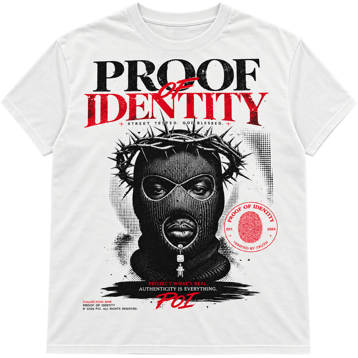 Proof of Identity Bear 300GSM T-Shirt White - Front on model