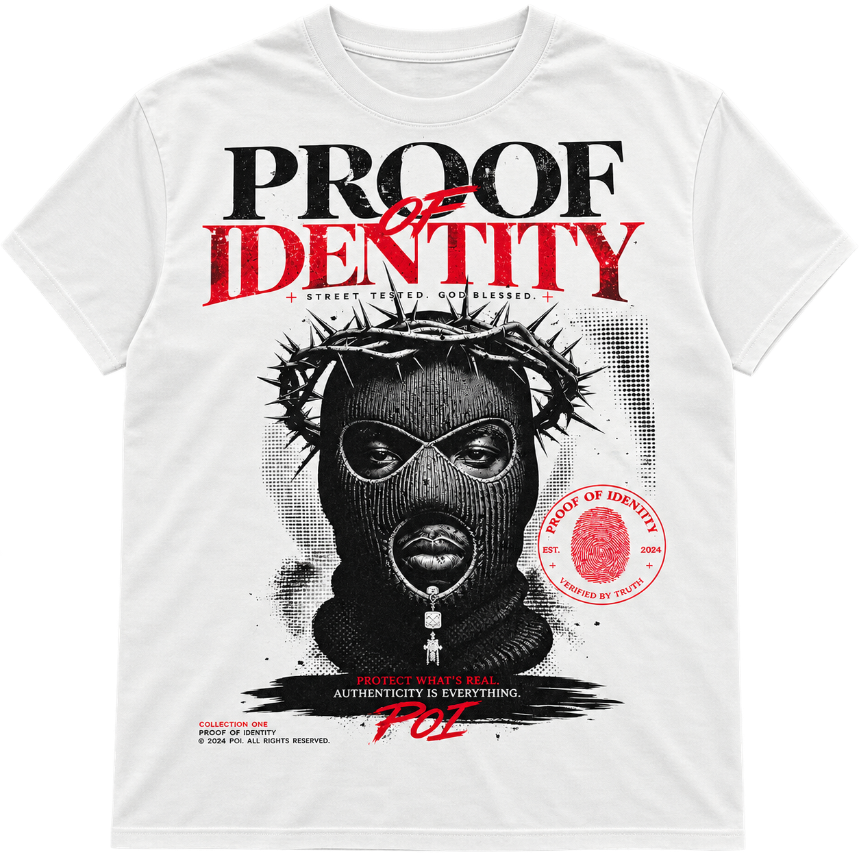 Proof of Identity Bear 300GSM T-Shirt White - Front on model