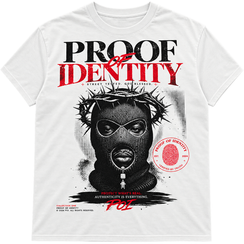 Proof of Identity Bear 300GSM T-Shirt White - Front on model