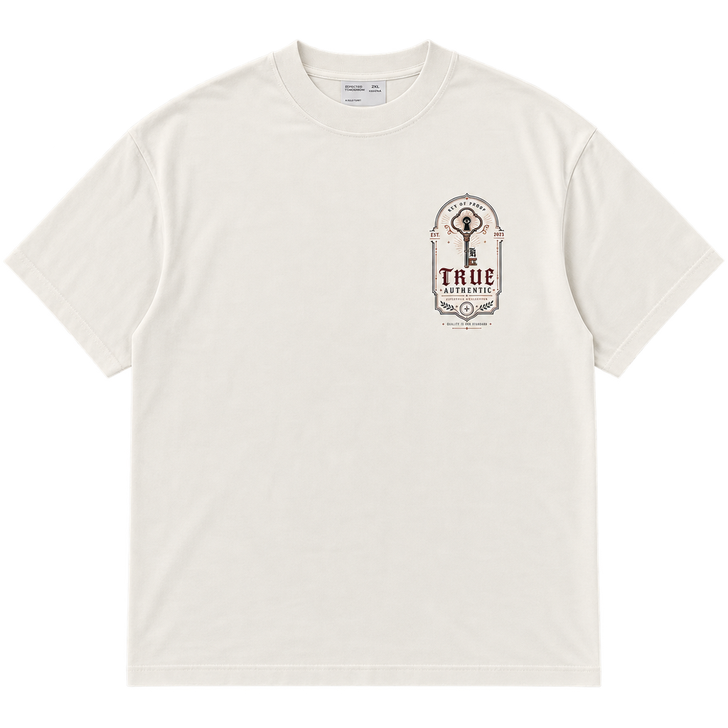 Key of Proof Tee front view with key graphic on left chest, cream colorway
