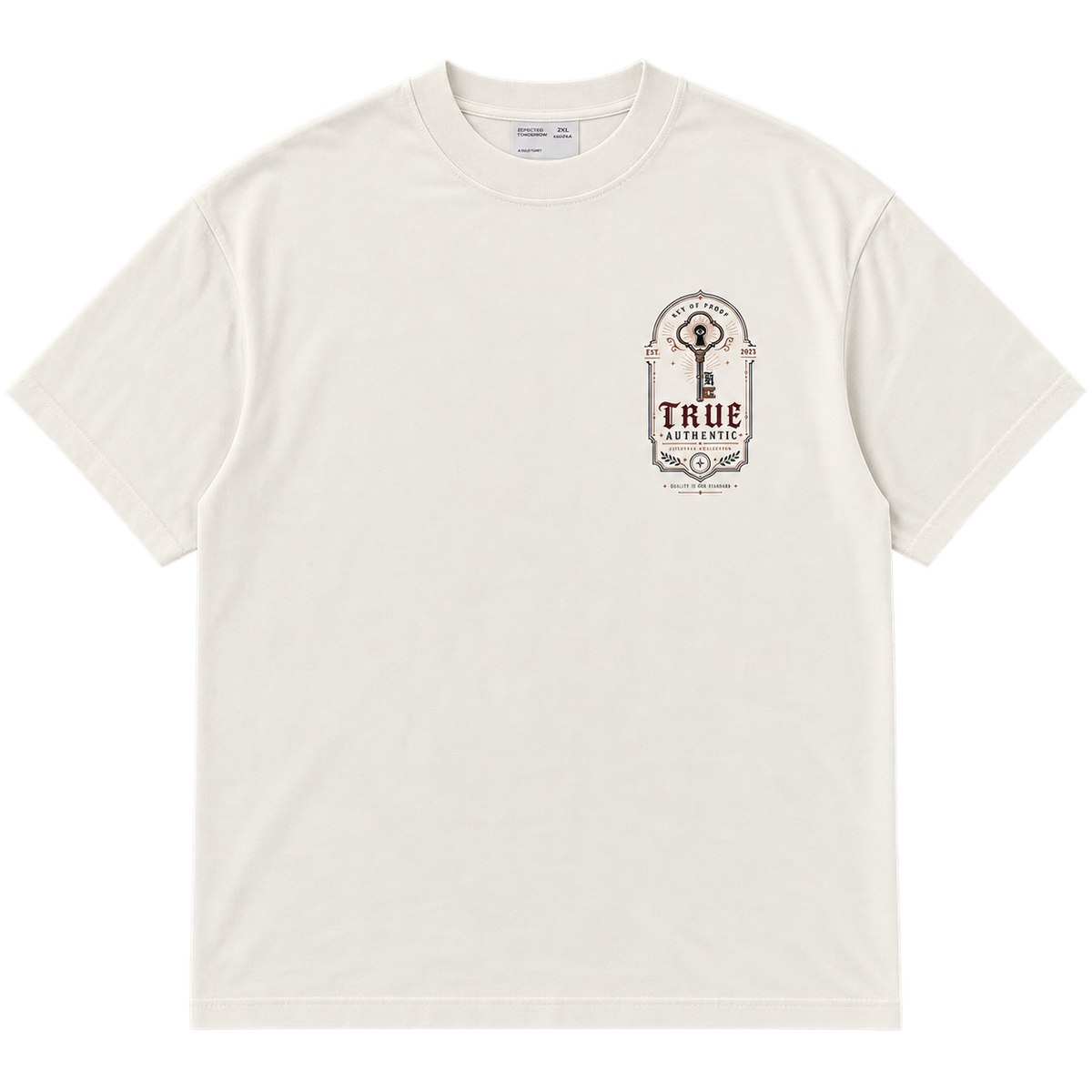 Key of Proof Tee front view with key graphic on left chest, cream colorway