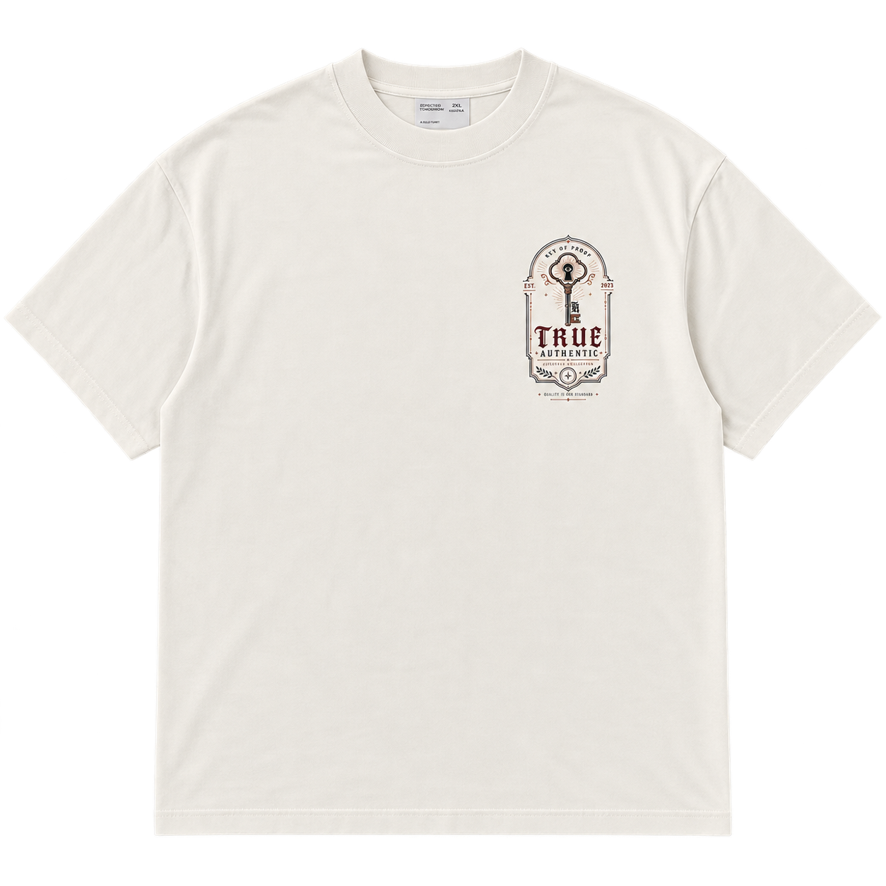 Key of Proof Tee front view with key graphic on left chest, cream colorway