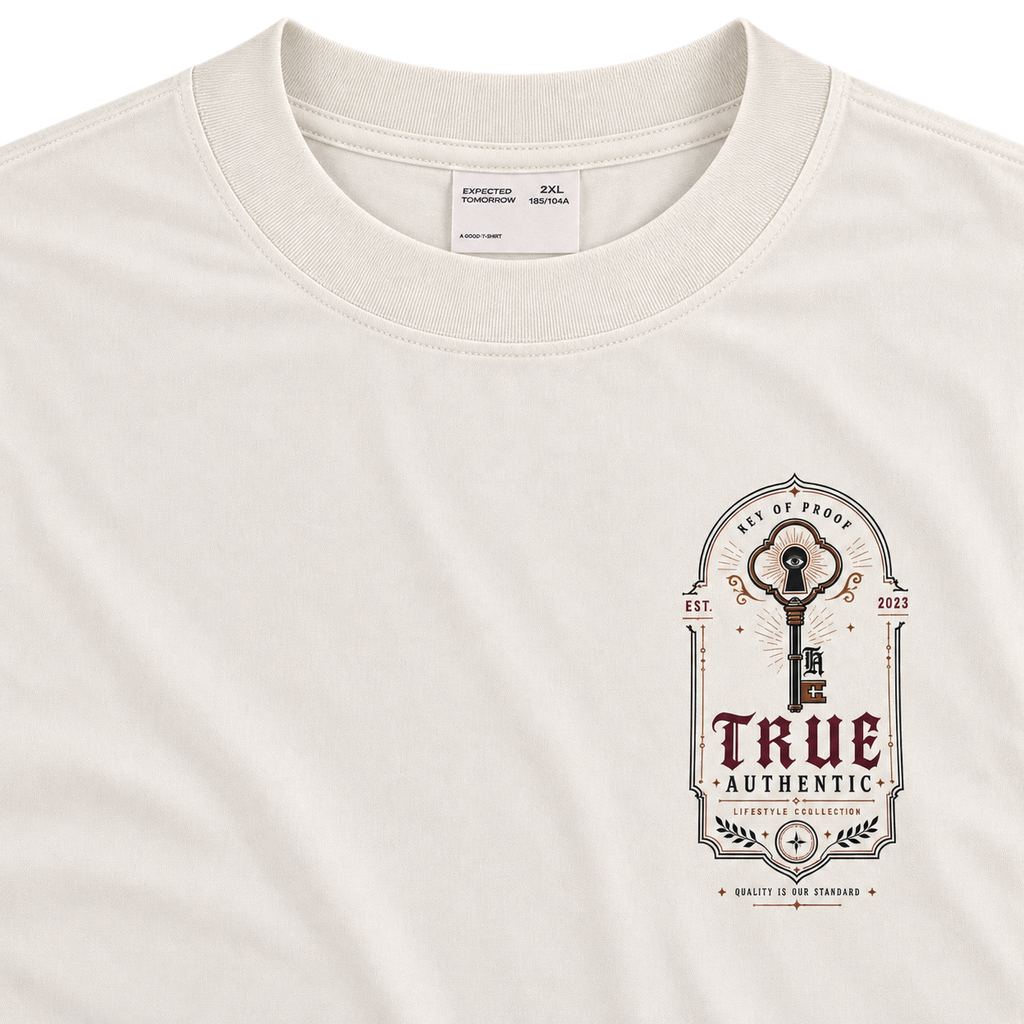 Key of Proof Tee front view alternate angle, cream colorway