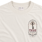 Key of Proof Tee front view alternate angle, cream colorway