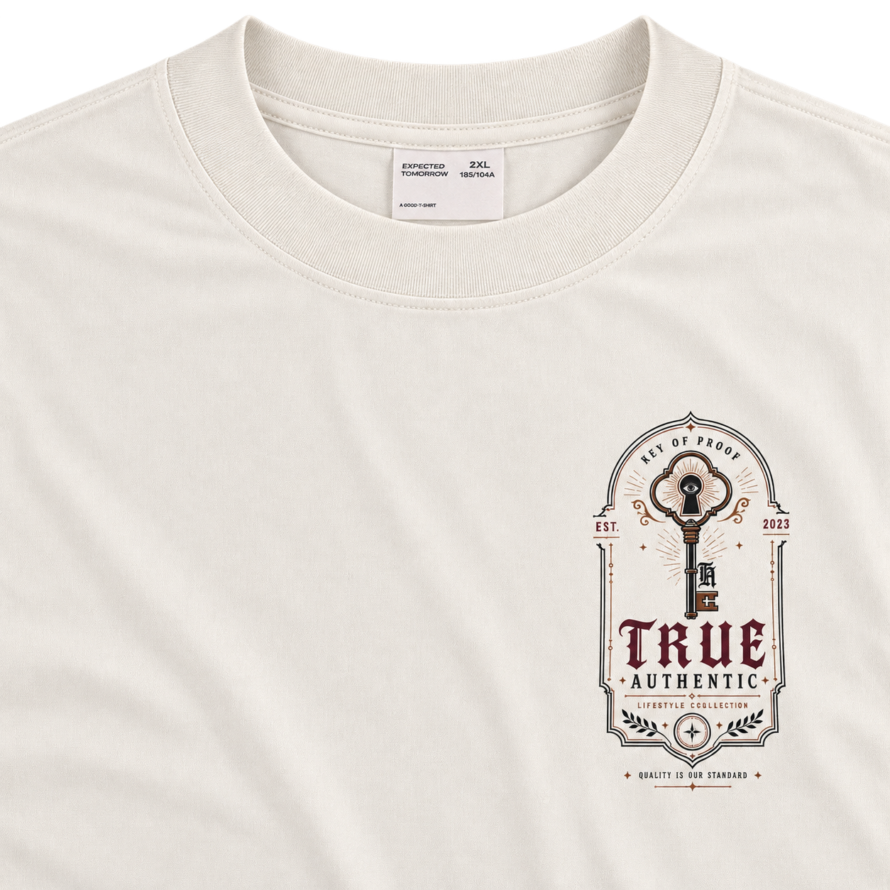 Key of Proof Tee front view alternate angle, cream colorway