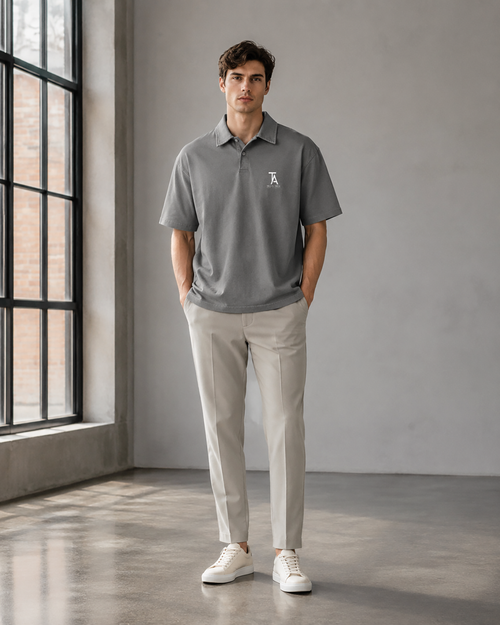 280GSM Heavyweight Double Yarn Snow Wash Boxy Fit Polo T-Shirt Vintage Heather Gray model with casual pants