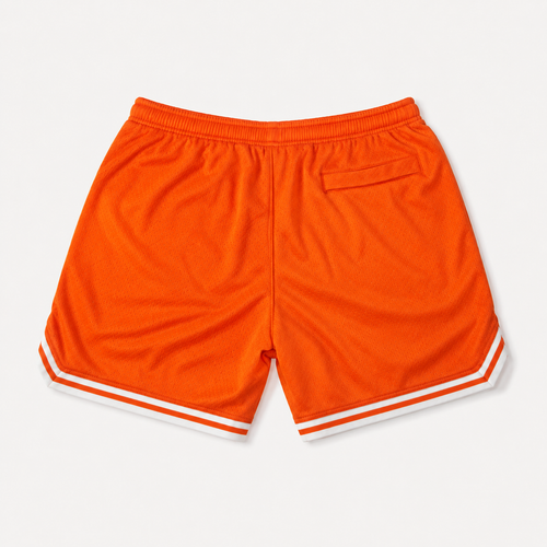 Bright orange athletic shorts with a white double stripe detail along the hem and a side pocket, shown from the back on a light gray background.