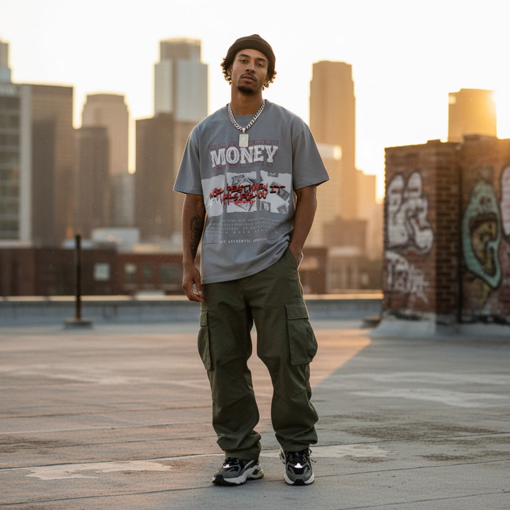 Man wearing a 'Money' t-shirt on a rooftop with cityscape in the background