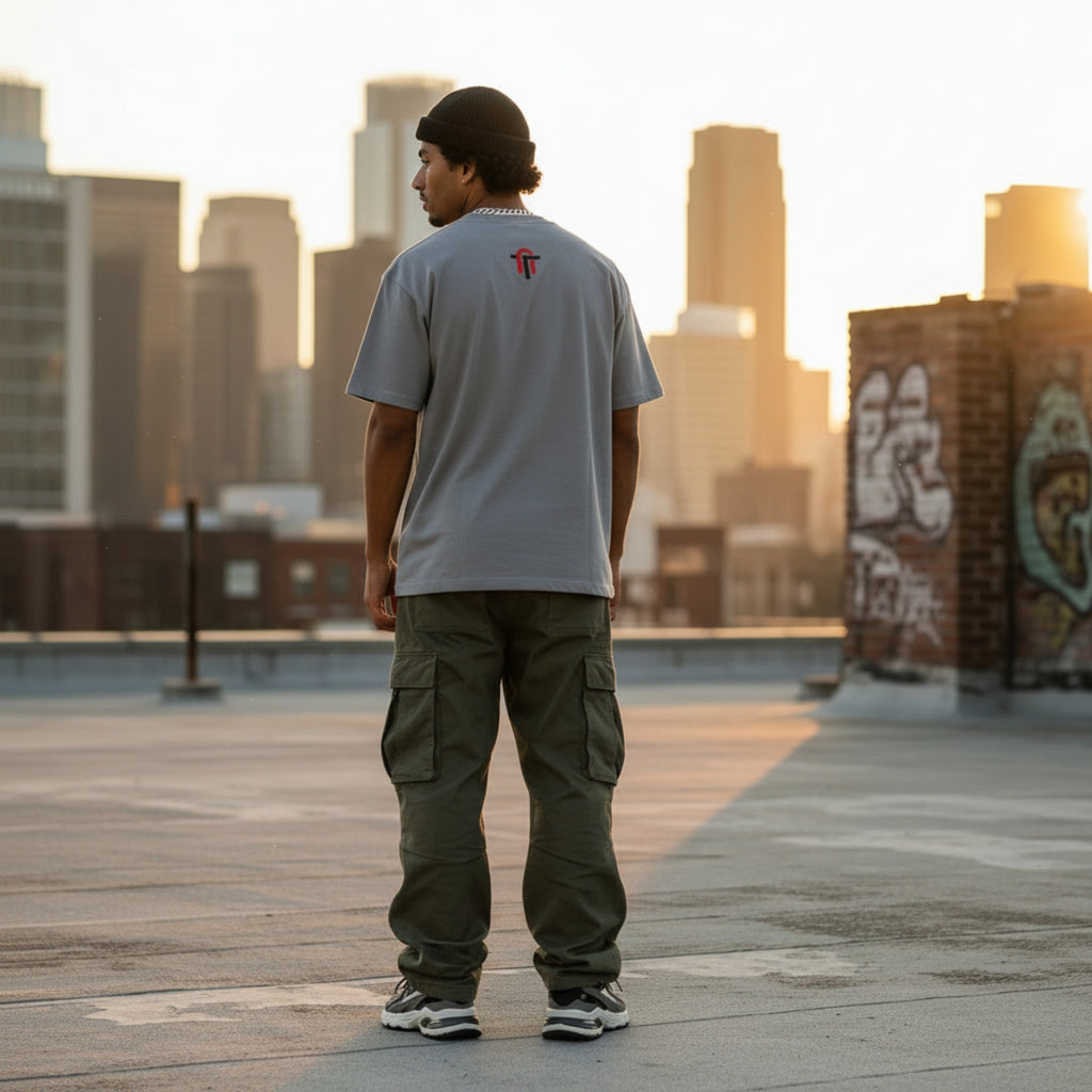 Person standing on a rooftop with city skyline and graffiti in the background