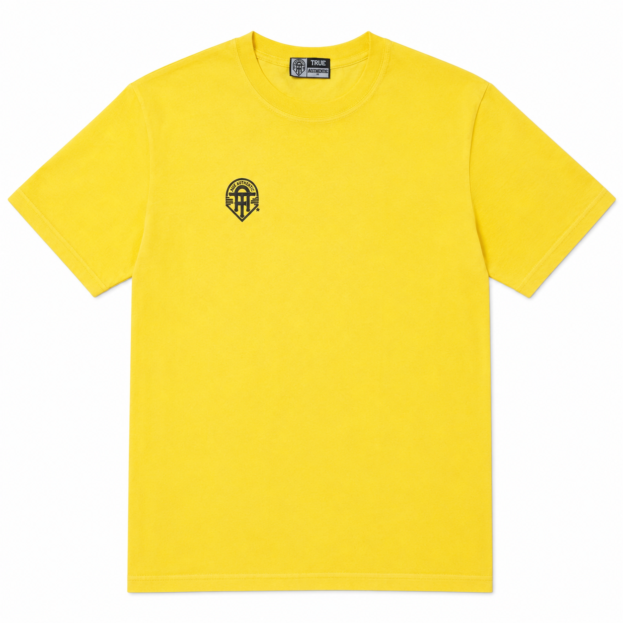 Yellow t-shirt with a black logo on a white background