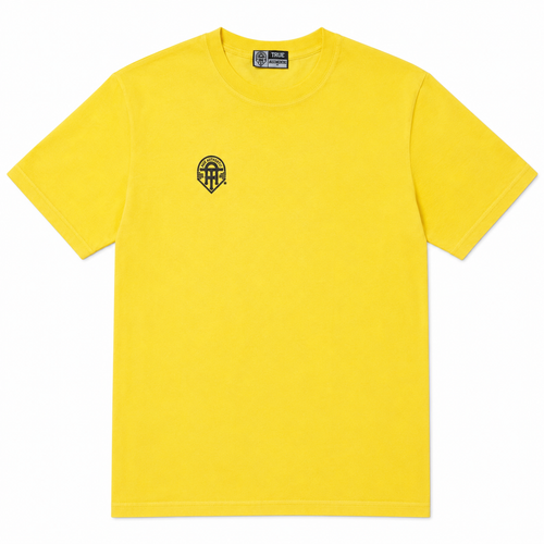 Yellow t-shirt with a black logo on a white background