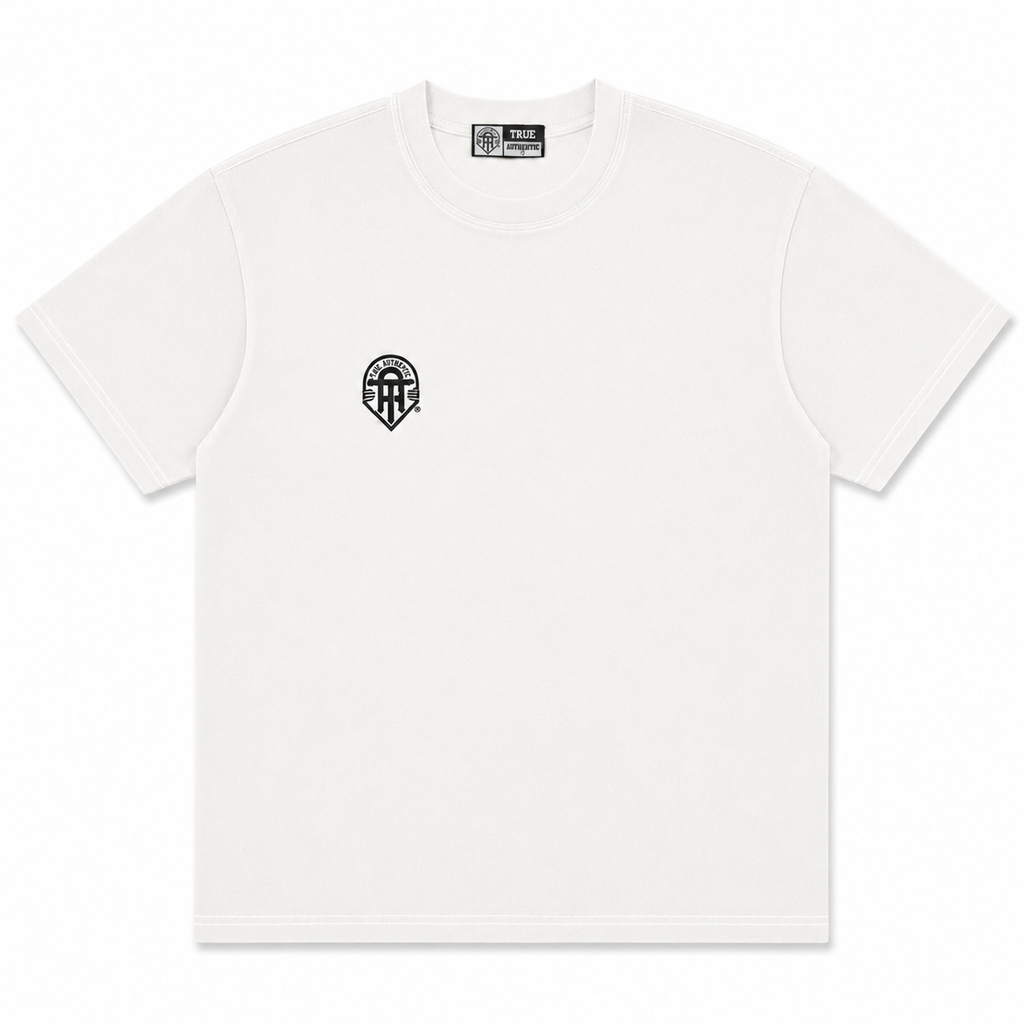White t-shirt with a black logo on a white background