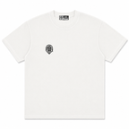 White t-shirt with a black logo on a white background