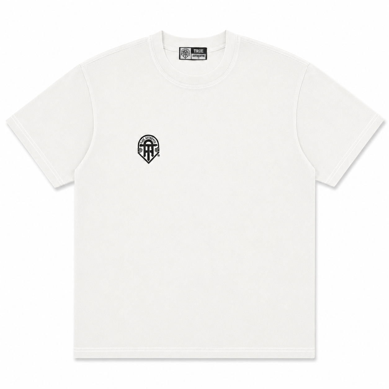 White t-shirt with a black logo on a white background