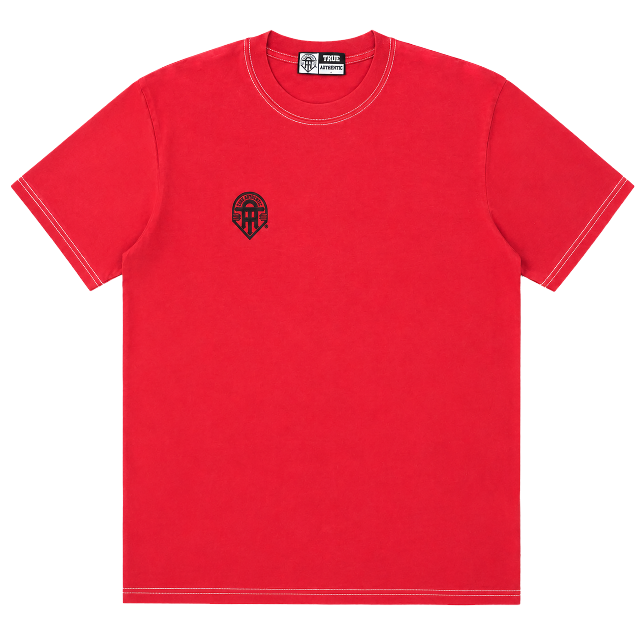 Red t-shirt with a black logo on a white background