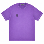 Purple t-shirt with a small logo on a white background