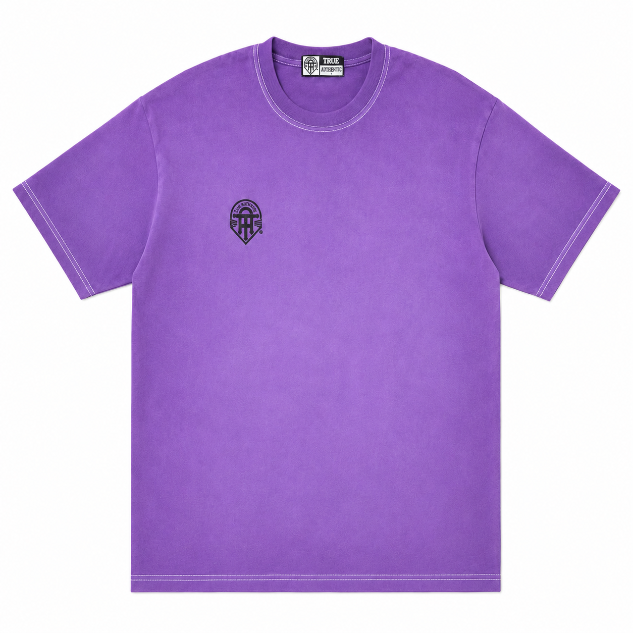 Purple t-shirt with a small logo on a white background