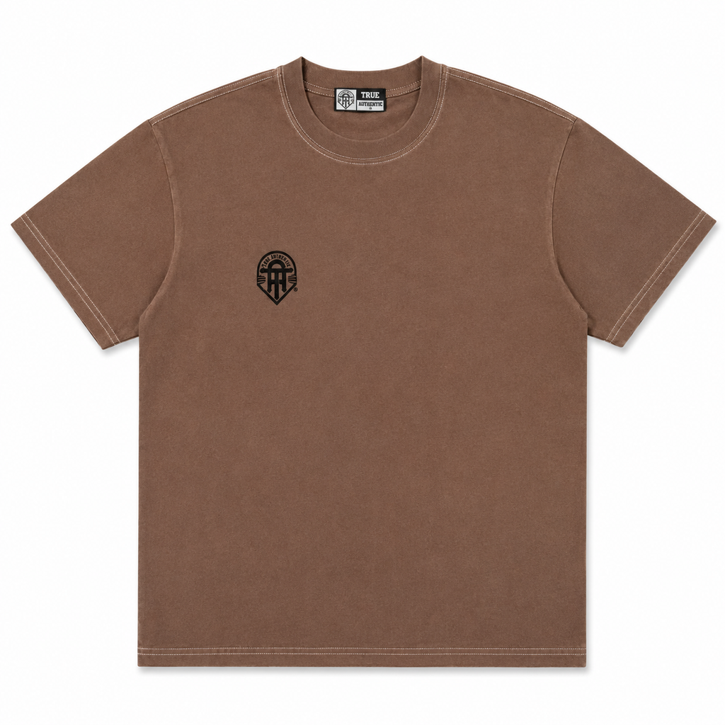 Brown t-shirt with a logo on a white background