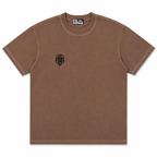 Brown t-shirt with a logo on a white background