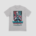 Gray t-shirt with a graphic design featuring a character in a red lab coat and 'Dead Beats Laboratory Party' text on a light gray background.