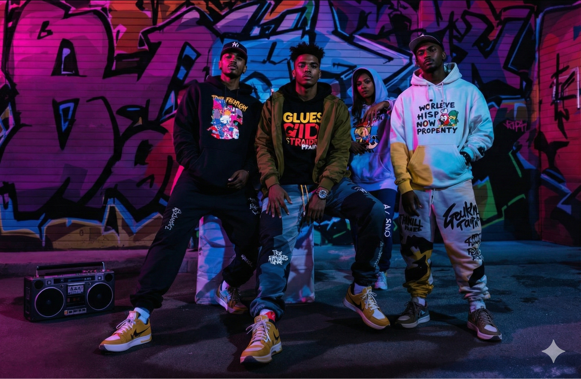 Group of people wearing streetwear clothing in front of a graffiti wall.