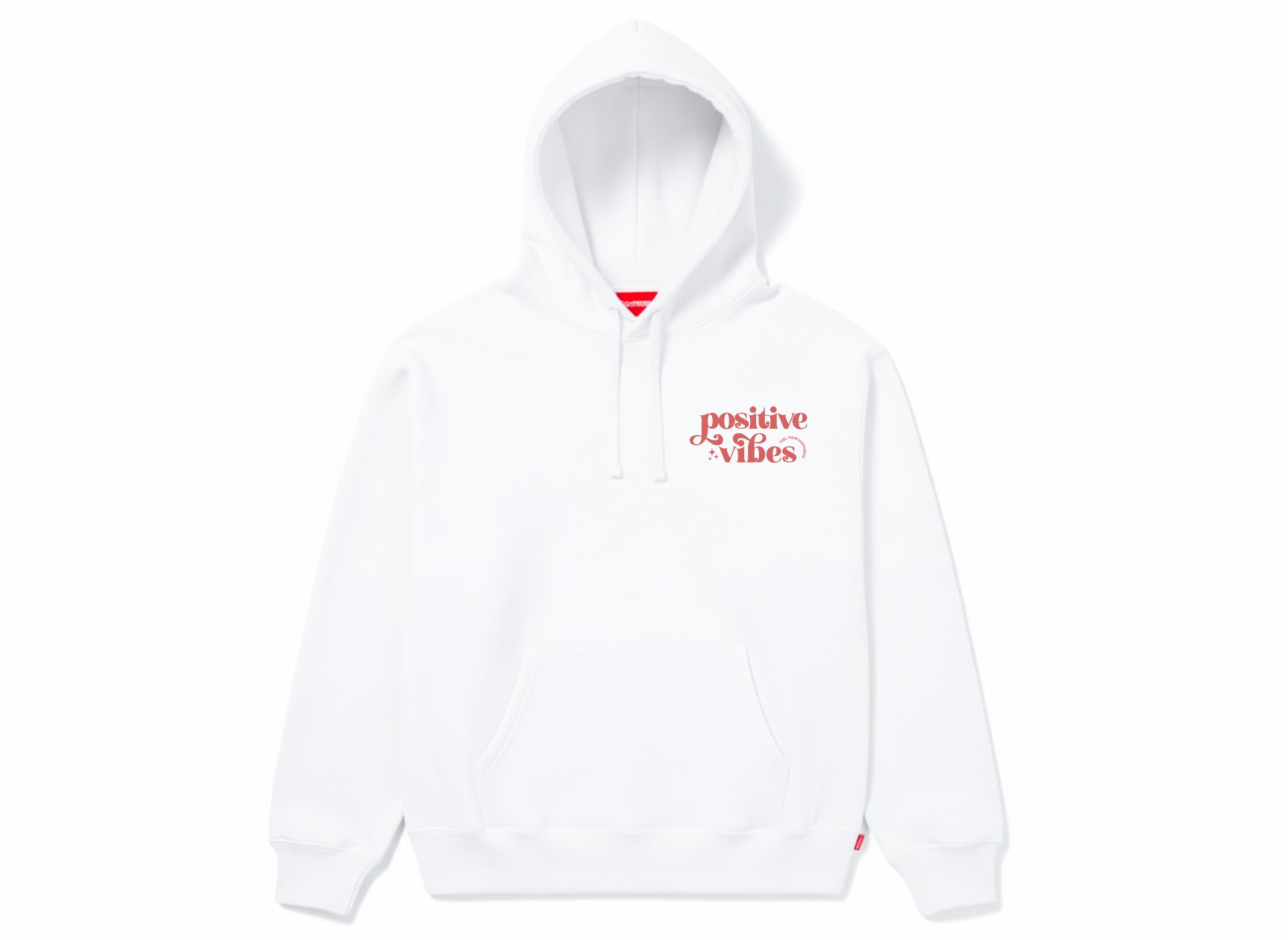 Front view of a white True Authentic women's streetwear hoodie featuring a small red "Positive Vibes" logo on the chest.