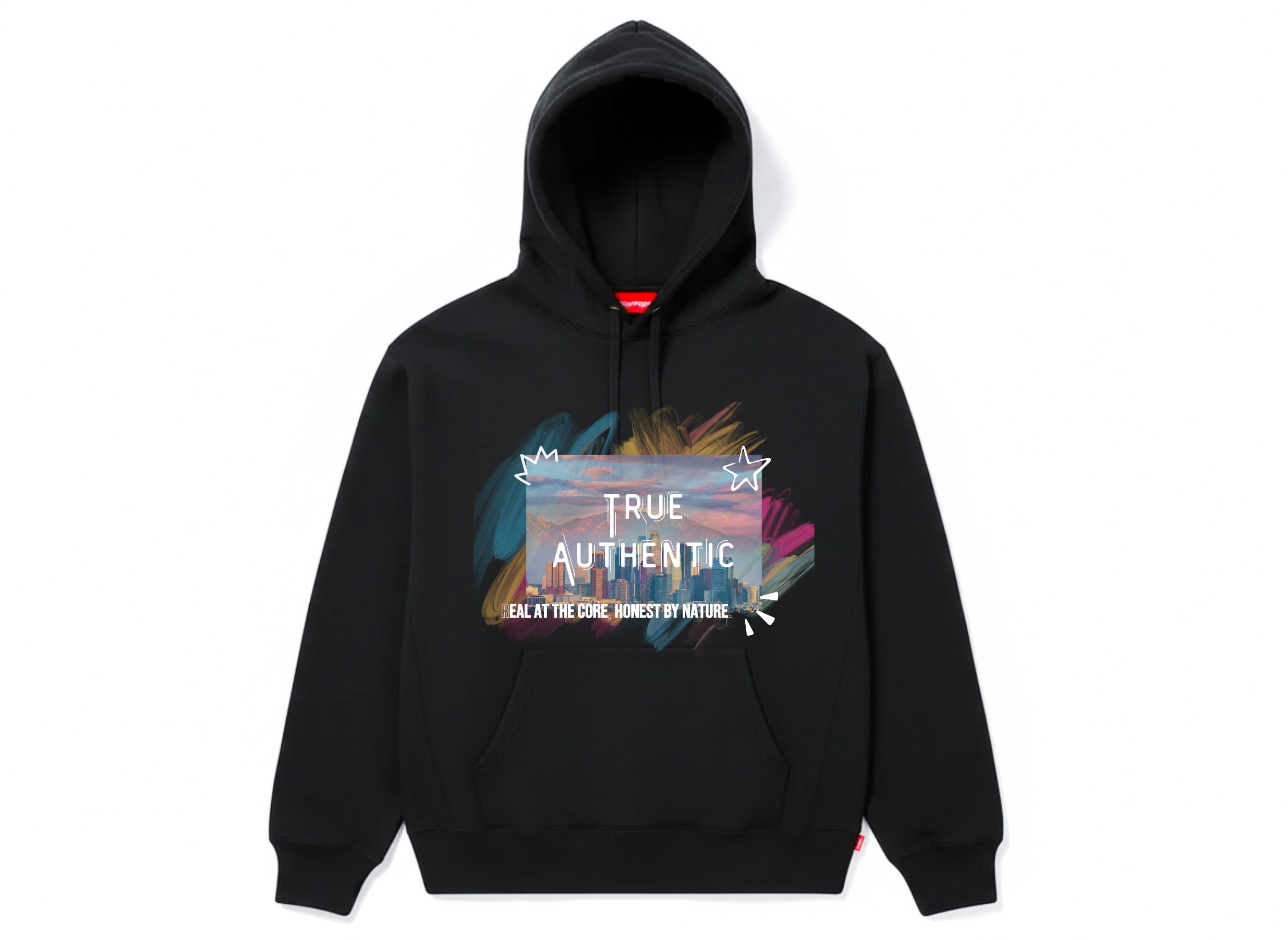 Black hoodie with colorful graphic and text on a white background