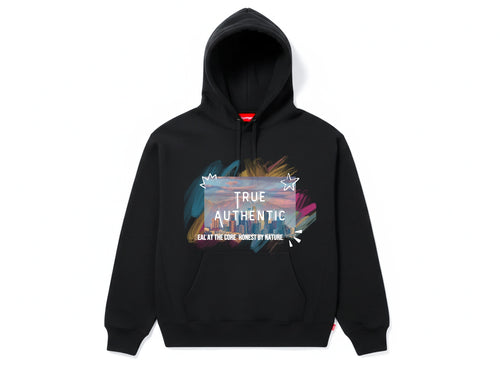 Black hoodie with colorful graphic and text on a white background