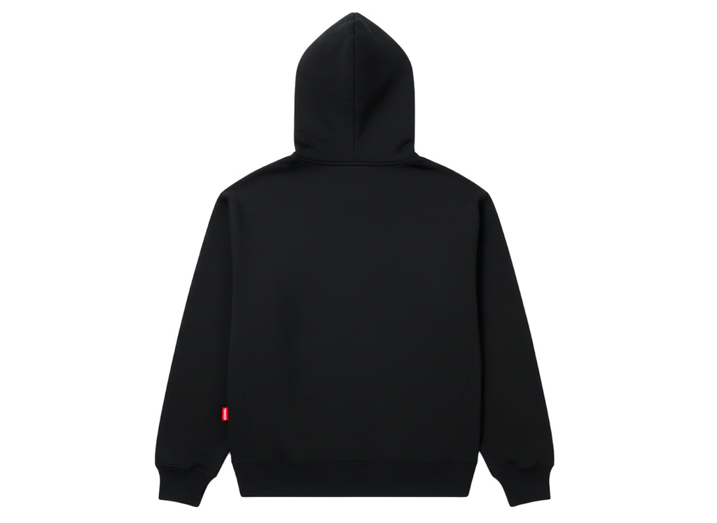 Black hoodie with a red tag on the back against a white background