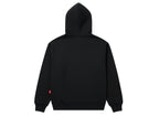 Black hoodie with a red tag on the back against a white background