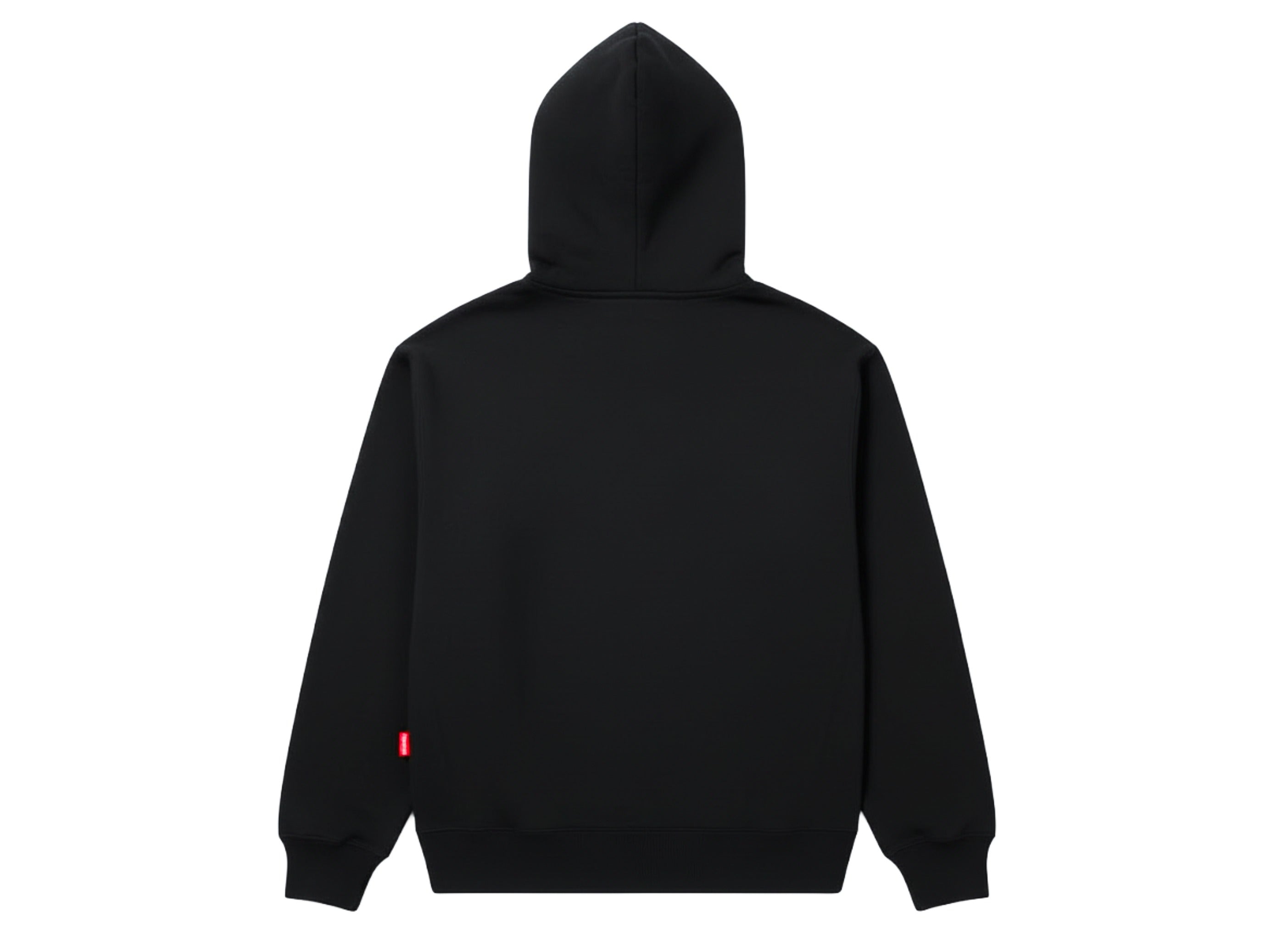 Black hoodie with a red tag on the back against a white background