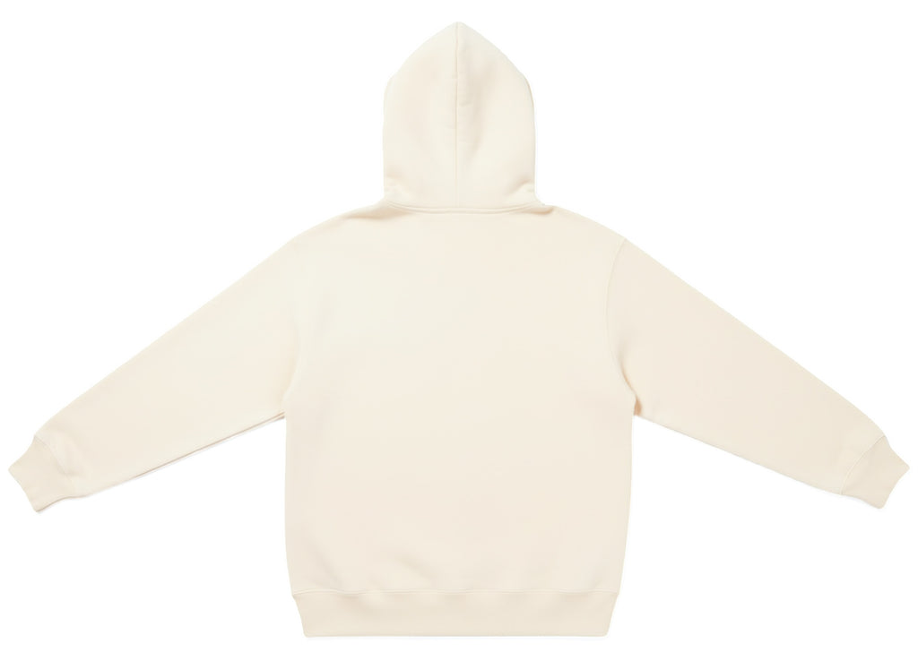 Back view of the premium cream heavyweight streetwear hoodie showing the clean, minimalist finish and structured hood.v