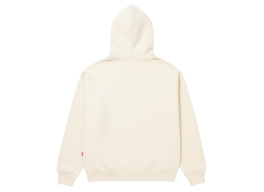 Back view of the premium cream heavyweight streetwear hoodie showing the clean, minimalist finish and structured hood.
