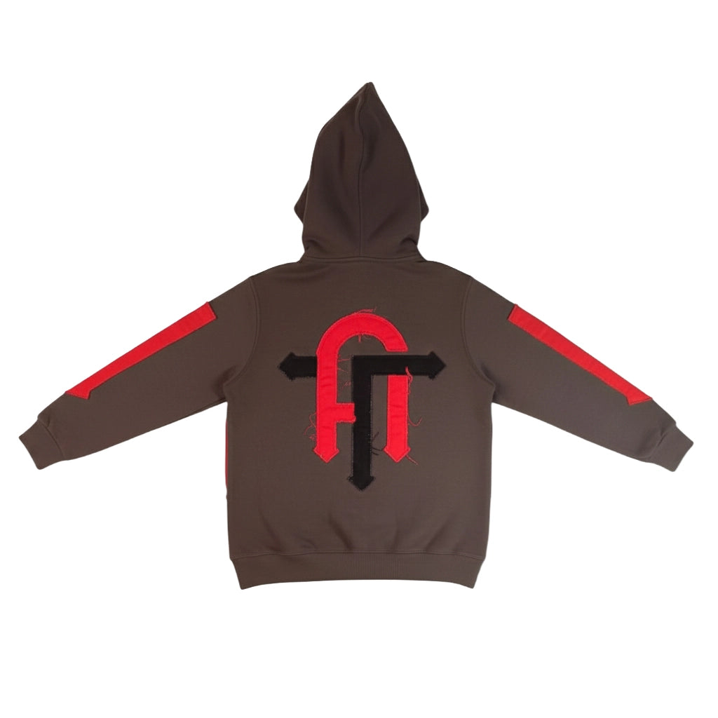 Back view of the charcoal streetwear hoodie with a large deconstructed red and black TA logo and frayed edges.