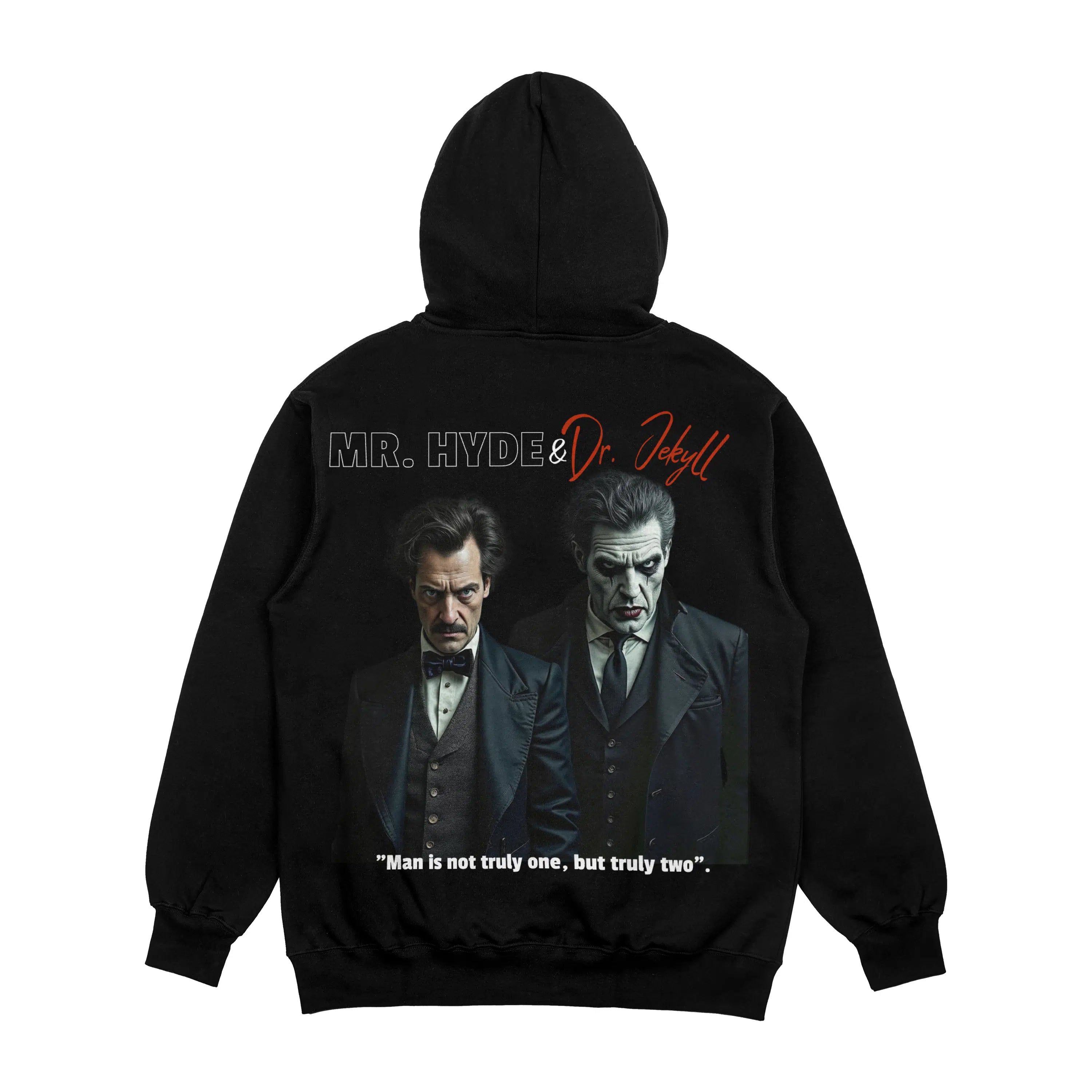 Black hoodie with a graphic of two men labeled 'Mr. Hyde' and 'Dr. Jekyll' on the back.