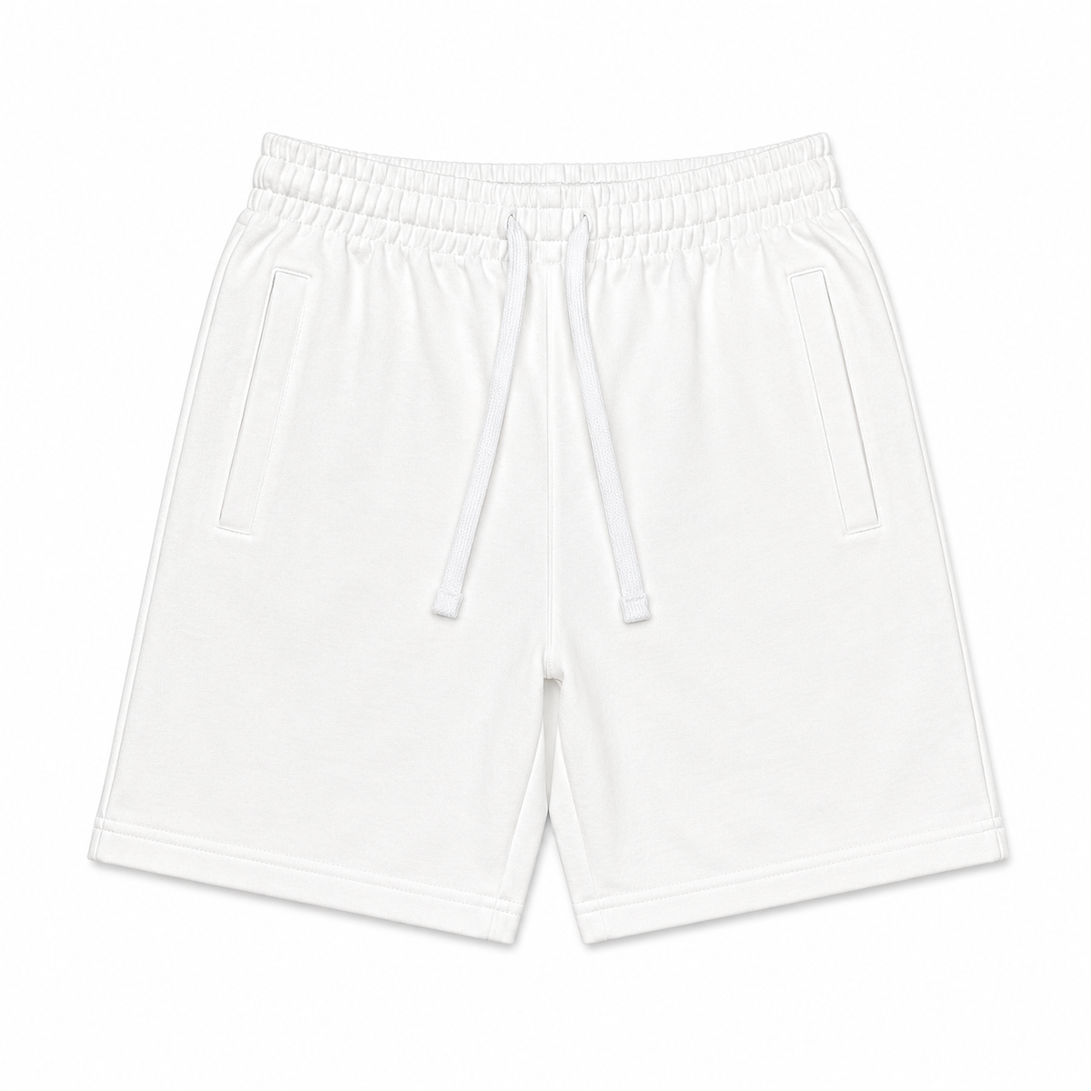 White cotton sweatshorts with drawstring and zippered pockets