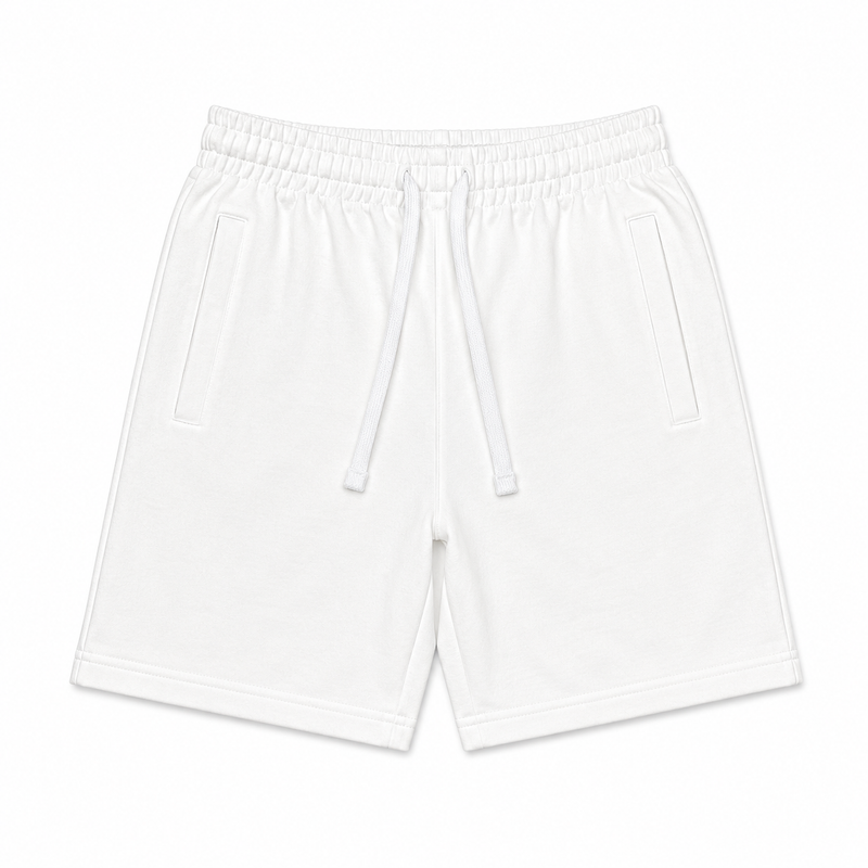 White cotton sweatshorts with drawstring and zippered pockets